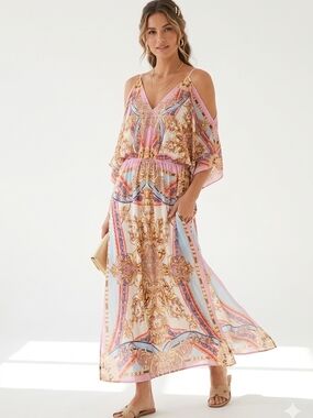 Pink Paisley Cold-Shoulder Maxi Dress